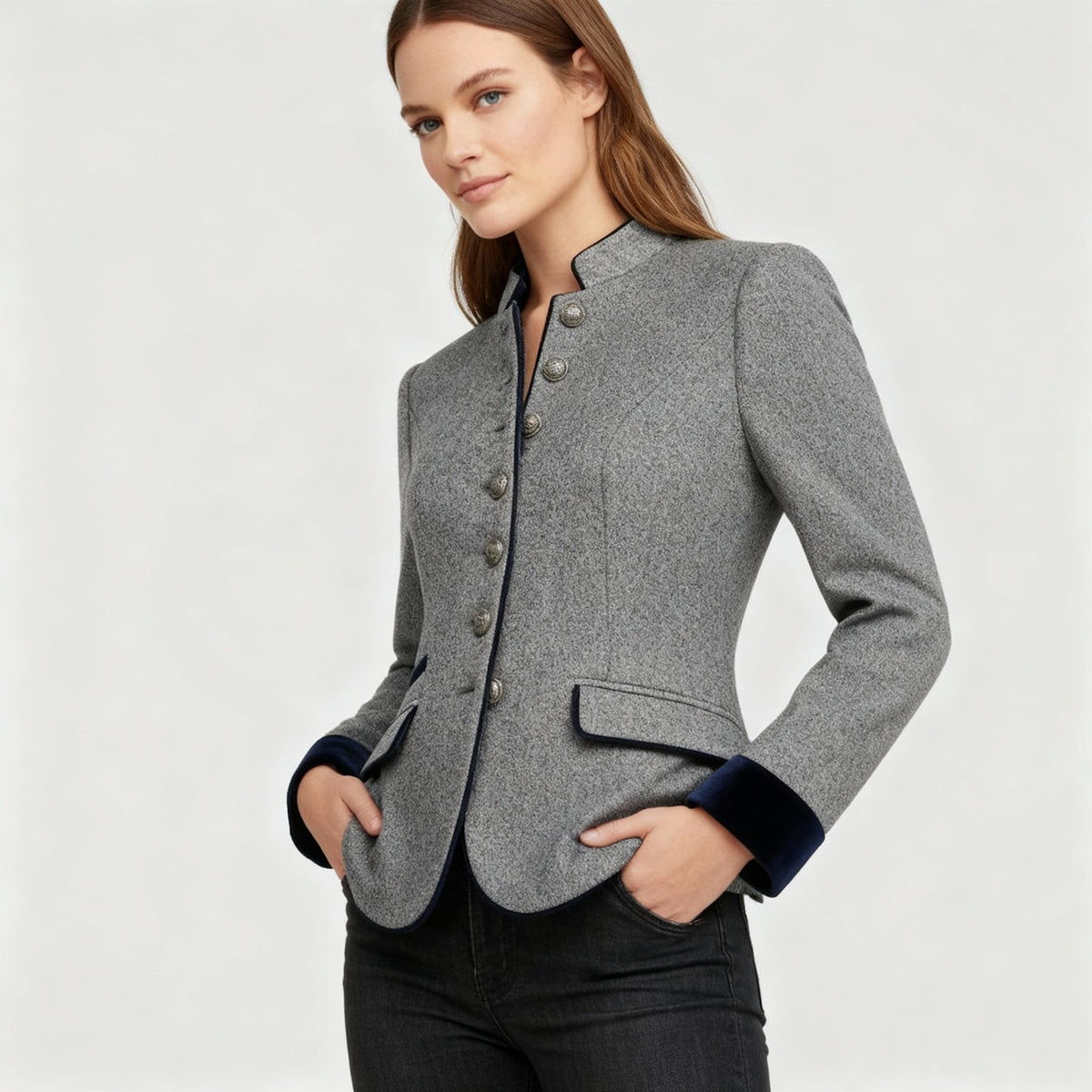 Women's Short Jacket with Multi-Button Placket and Color Accents