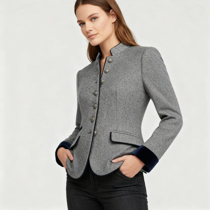Women's Short Jacket with Multi-Button Placket and Color Accents