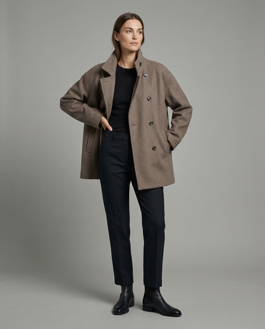 Women's Fashionable Cropped Jacket with High Collar and Double Button Placket