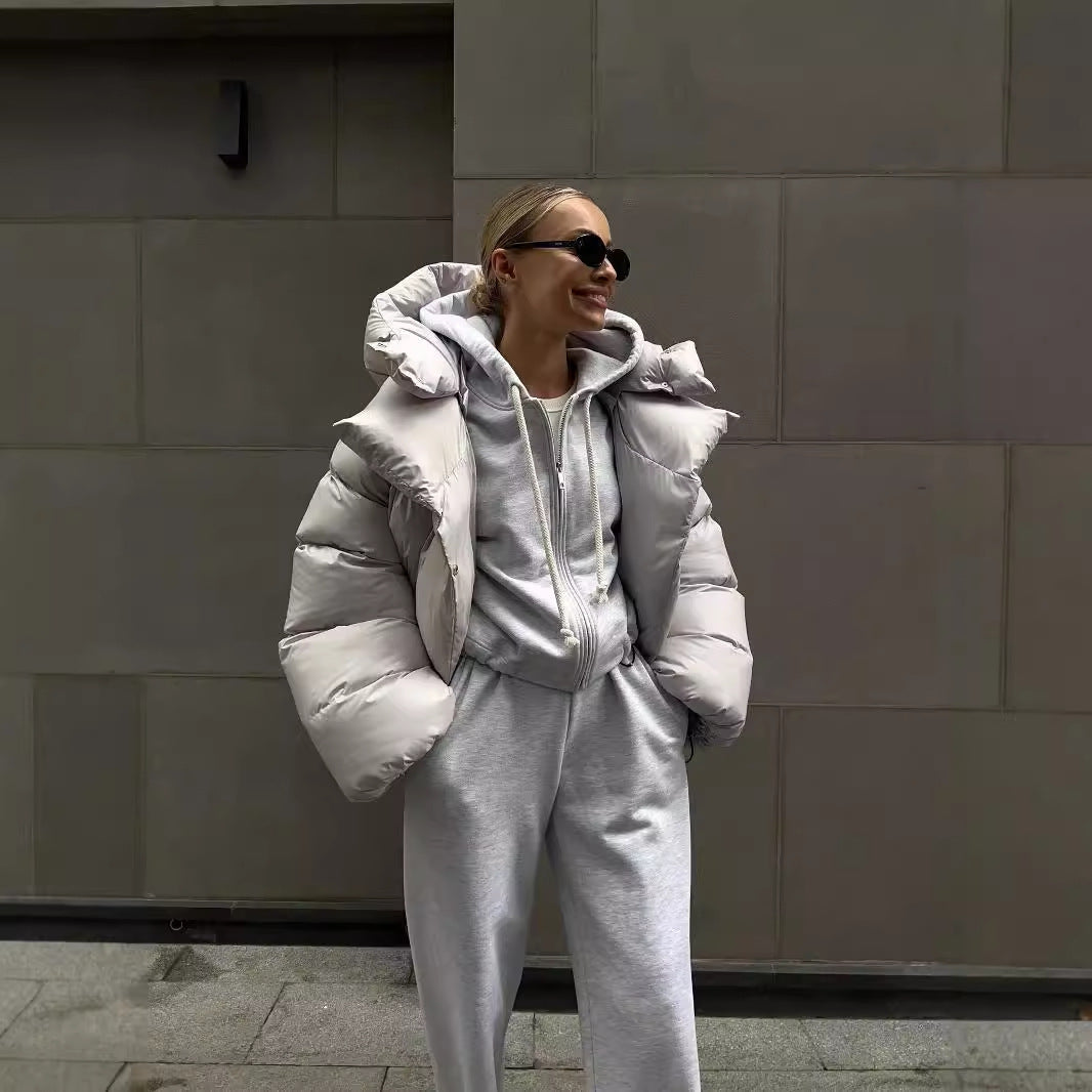 Women's Down Coat with Hood & Cropped Cut