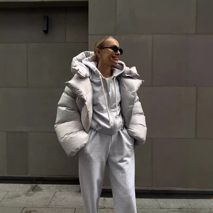 Women's Down Coat with Hood & Cropped Cut