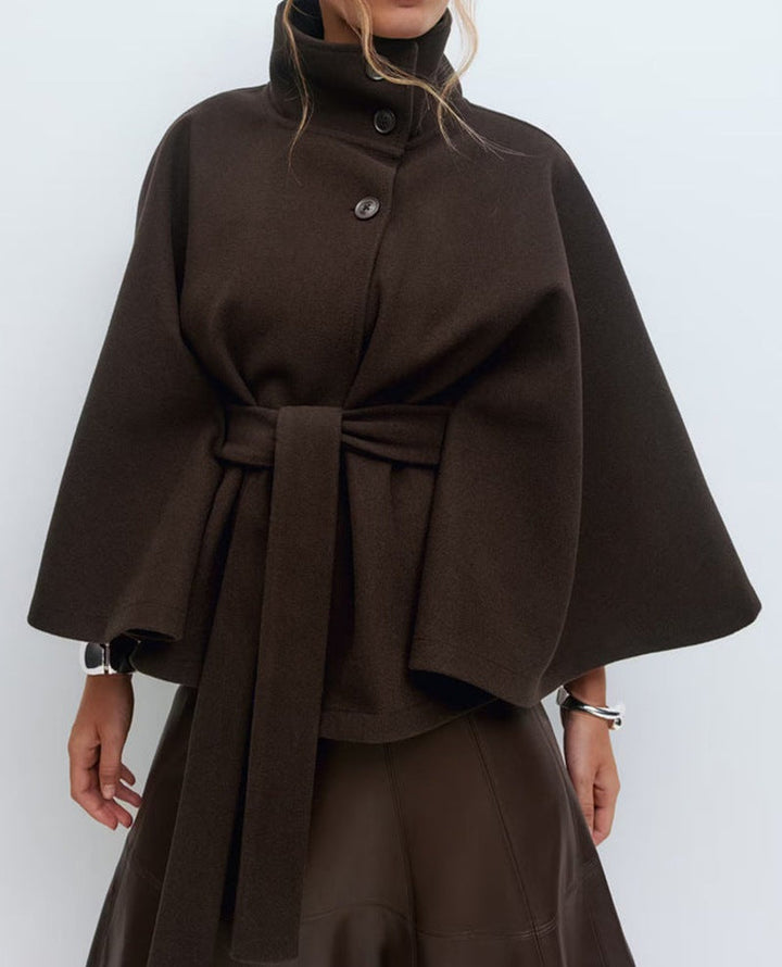 Women's Wrap Jacket with Elegant Stand-Up Collar and Wide-Cut Sleeves