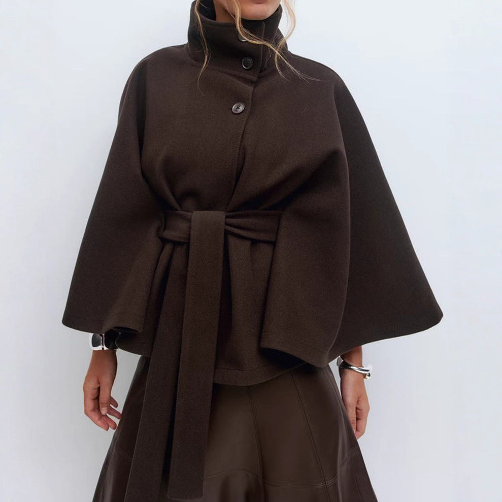 Women's Wrap Jacket with Elegant Stand-Up Collar and Wide-Cut Sleeves