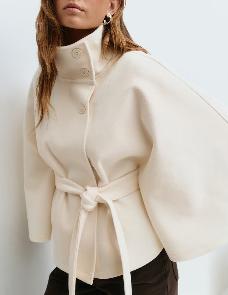 Women's Wrap Jacket with Elegant Stand-Up Collar and Wide-Cut Sleeves