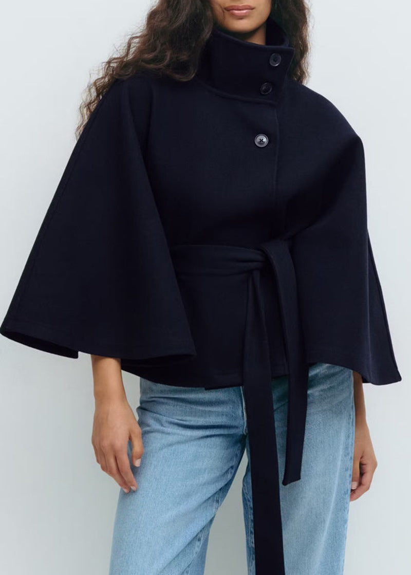 Women's Wrap Jacket with Elegant Stand-Up Collar and Wide-Cut Sleeves