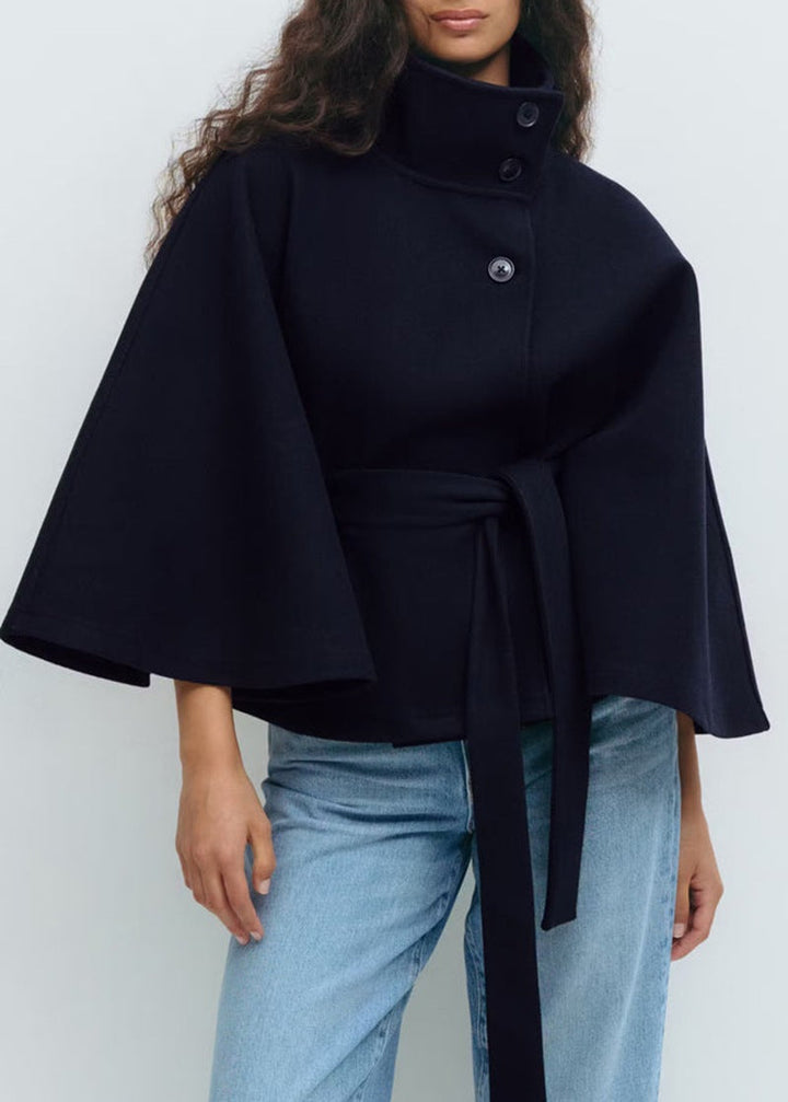 Women's Wrap Jacket with Elegant Stand-Up Collar and Wide-Cut Sleeves