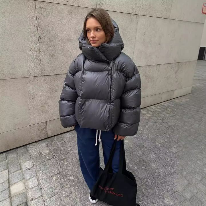 Women's Down Coat with Hood & Cropped Cut