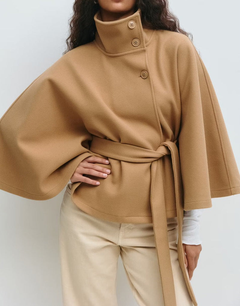 Women's Wrap Jacket with Elegant Stand-Up Collar and Wide-Cut Sleeves