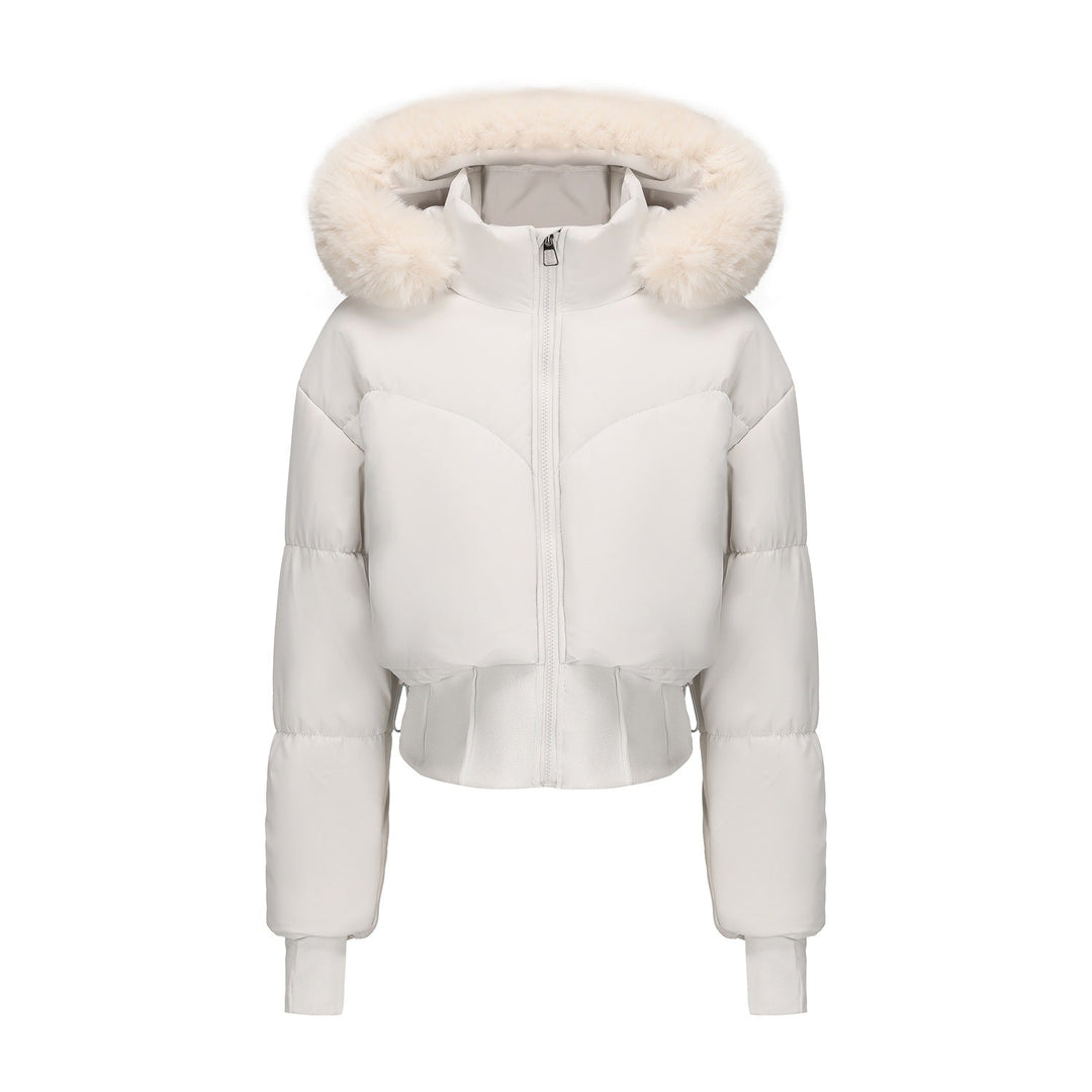 Women's Cropped Down Jacket with Detachable Hood and Faux Fur Trim