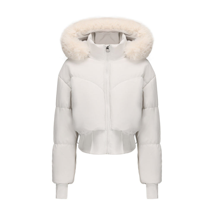 Women's Cropped Down Jacket with Detachable Hood and Faux Fur Trim