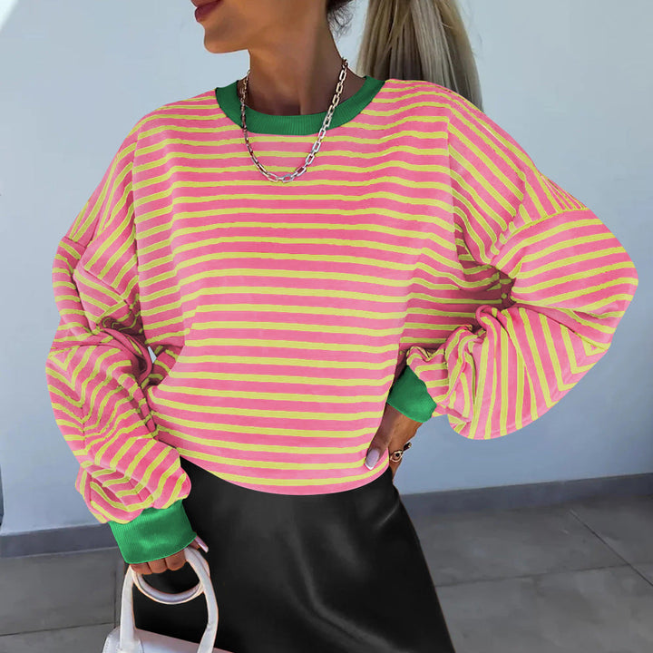 Women's Casual Striped Sweatshirt with Boxy Cut and Contrasting Trims