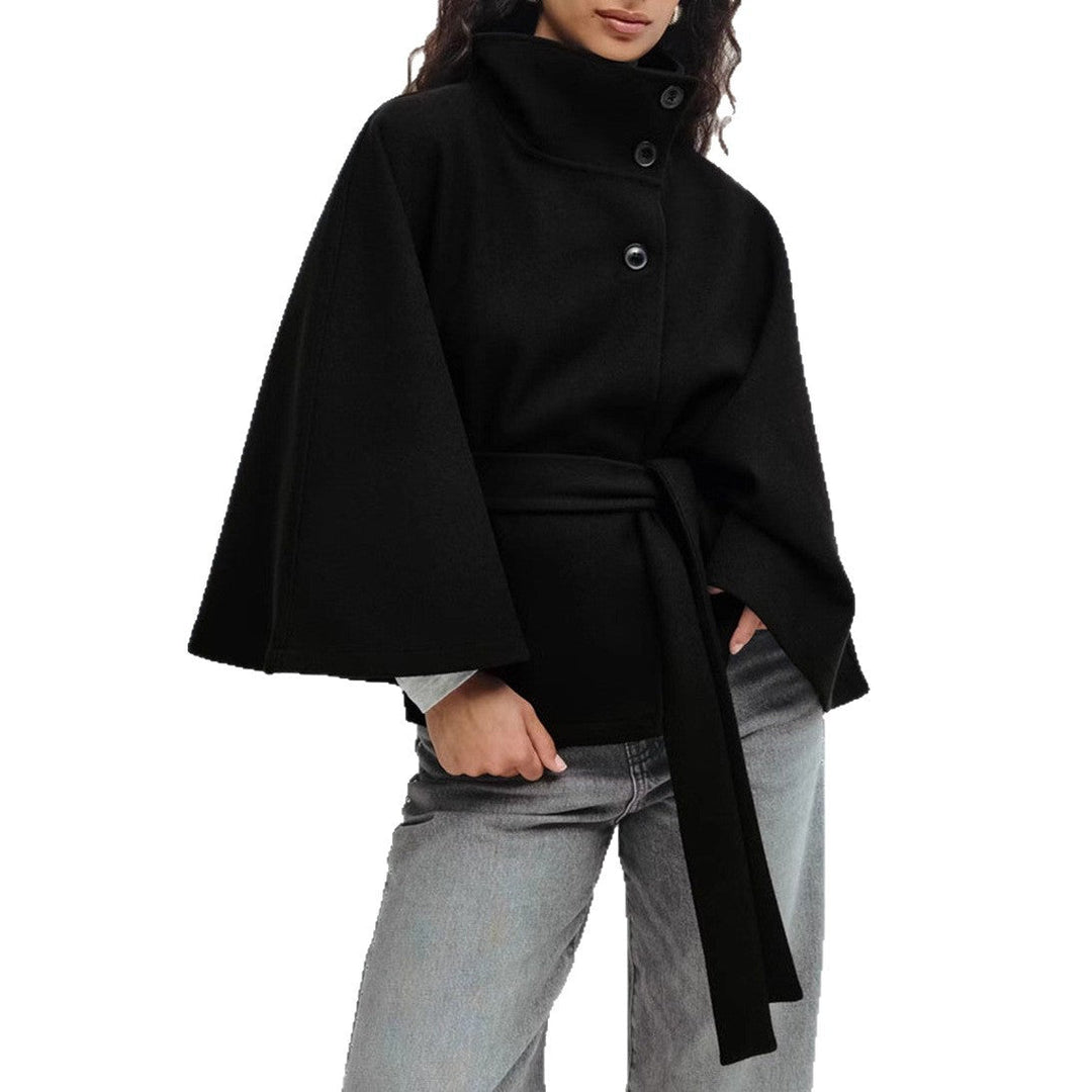 Women's Wrap Jacket with Elegant Stand-Up Collar and Wide-Cut Sleeves