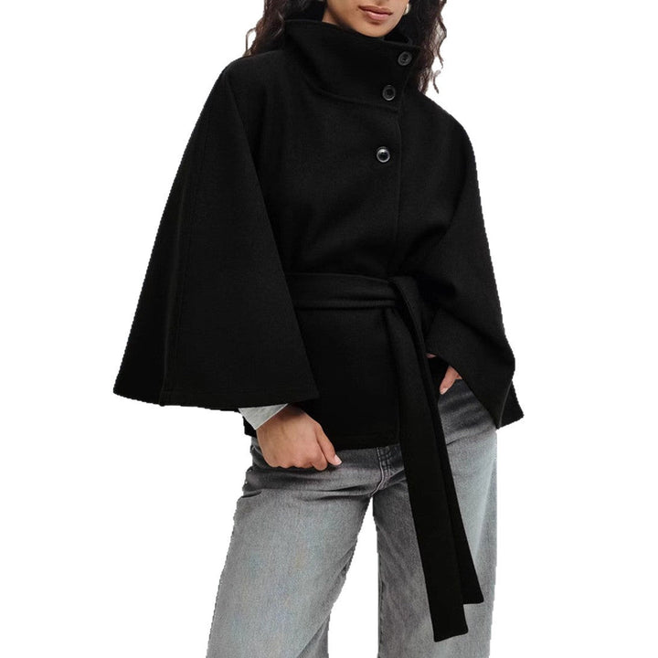 Women's Wrap Jacket with Elegant Stand-Up Collar and Wide-Cut Sleeves