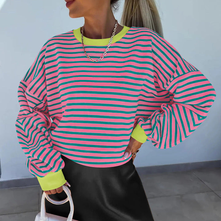 Women's Casual Striped Sweatshirt with Boxy Cut and Contrasting Trims