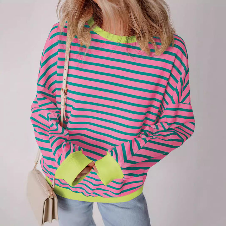 Women's Casual Striped Sweatshirt with Boxy Cut and Contrasting Trims