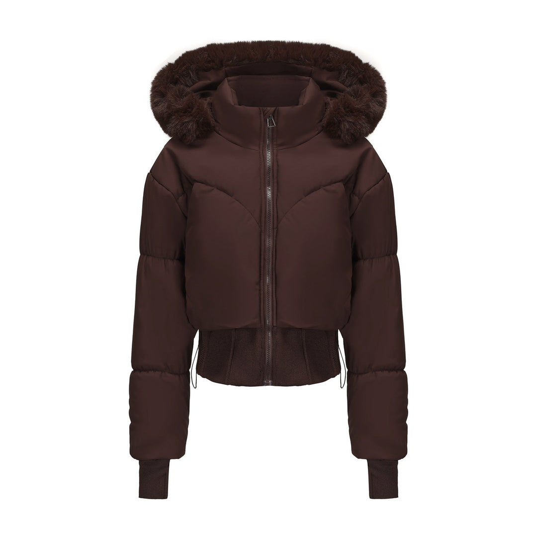 Women's Cropped Down Jacket with Detachable Hood and Faux Fur Trim