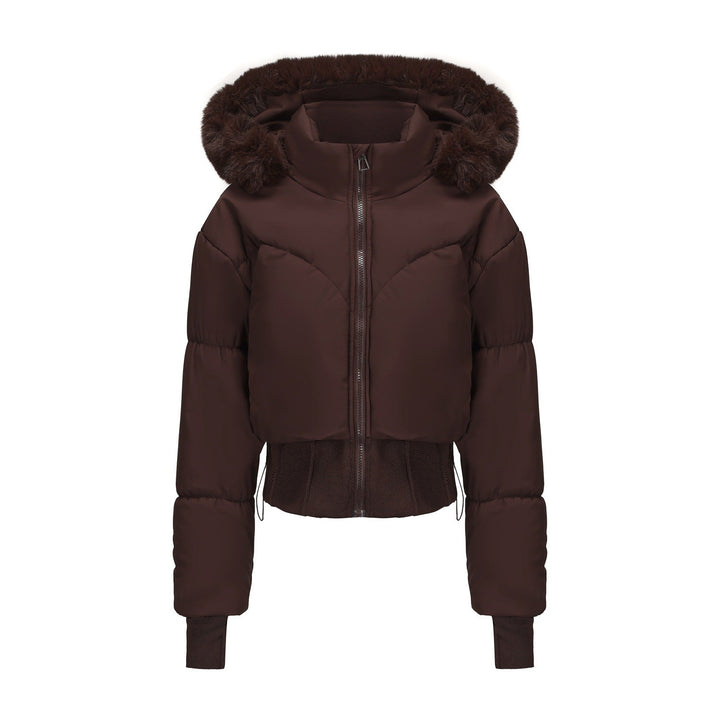Women's Cropped Down Jacket with Detachable Hood and Faux Fur Trim