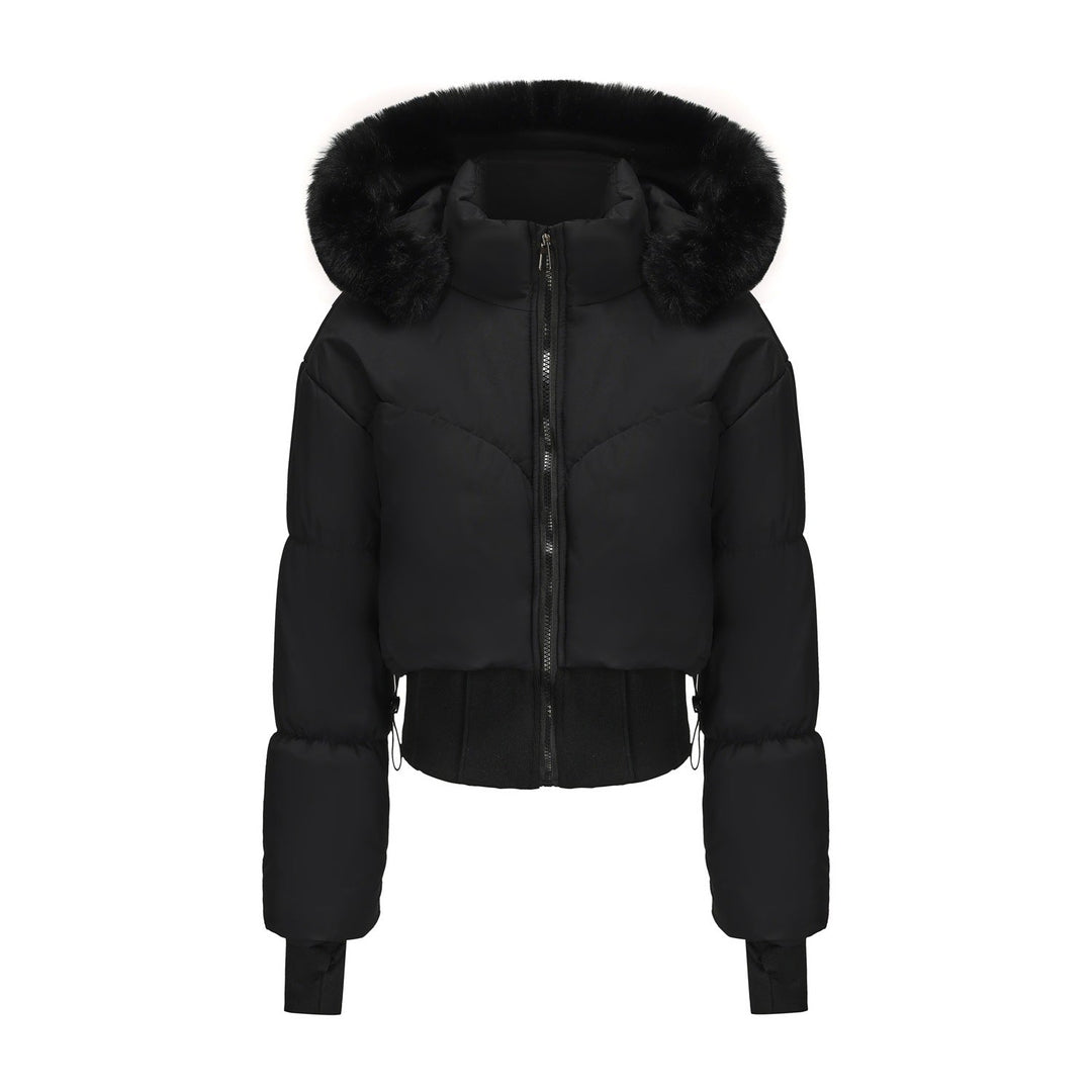 Women's Cropped Down Jacket with Detachable Hood and Faux Fur Trim