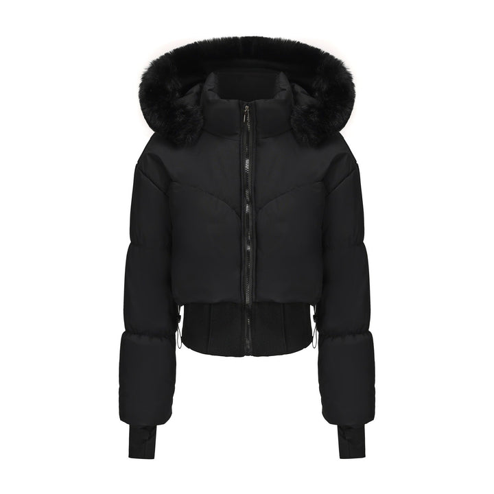 Women's Cropped Down Jacket with Detachable Hood and Faux Fur Trim