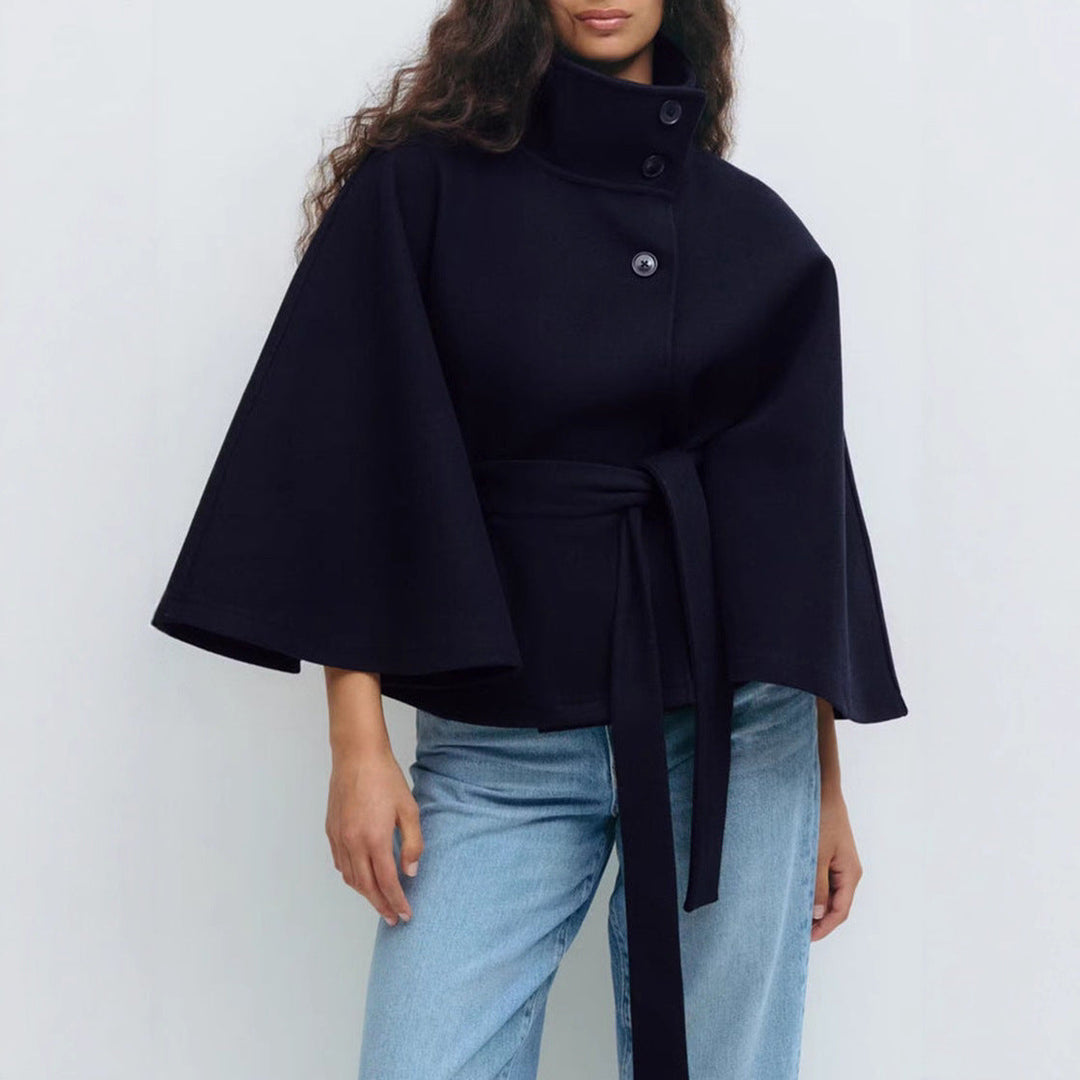Women's Wrap Jacket with Elegant Stand-Up Collar and Wide-Cut Sleeves