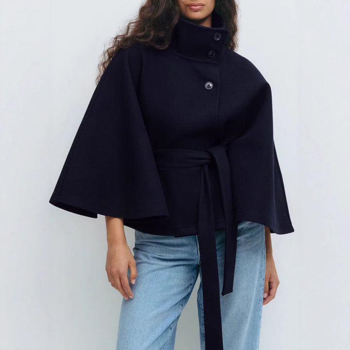 Women's Wrap Jacket with Elegant Stand-Up Collar and Wide-Cut Sleeves