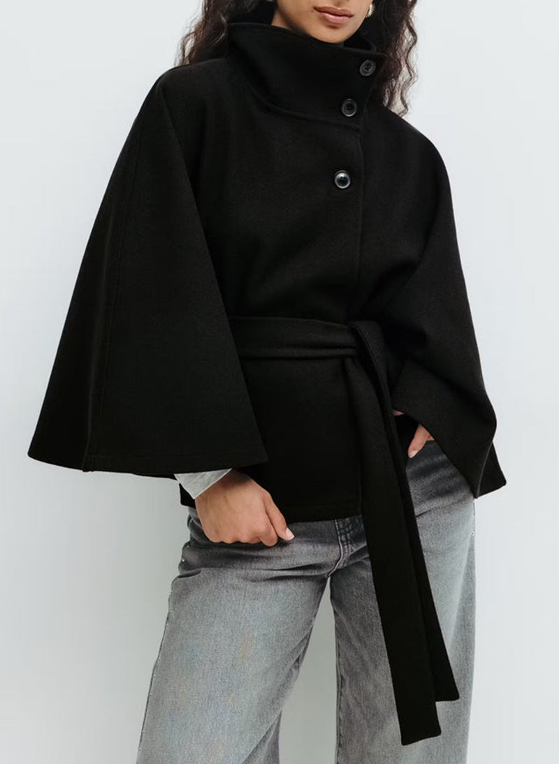 Women's Wrap Jacket with Elegant Stand-Up Collar and Wide-Cut Sleeves