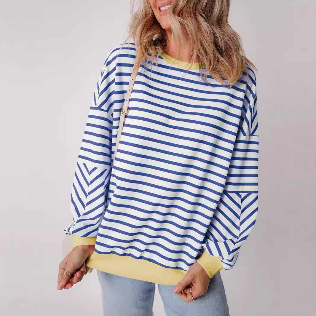 Women's Casual Striped Sweatshirt with Boxy Cut and Contrasting Trims