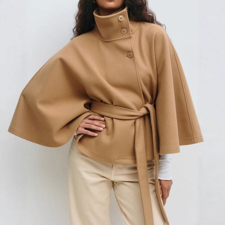 Women's Wrap Jacket with Elegant Stand-Up Collar and Wide-Cut Sleeves