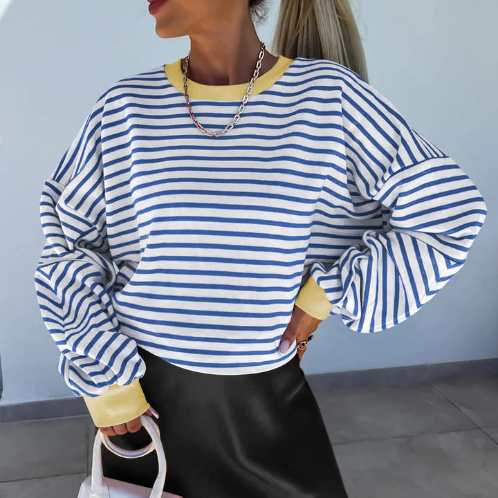 Women's Casual Striped Sweatshirt with Boxy Cut and Contrasting Trims