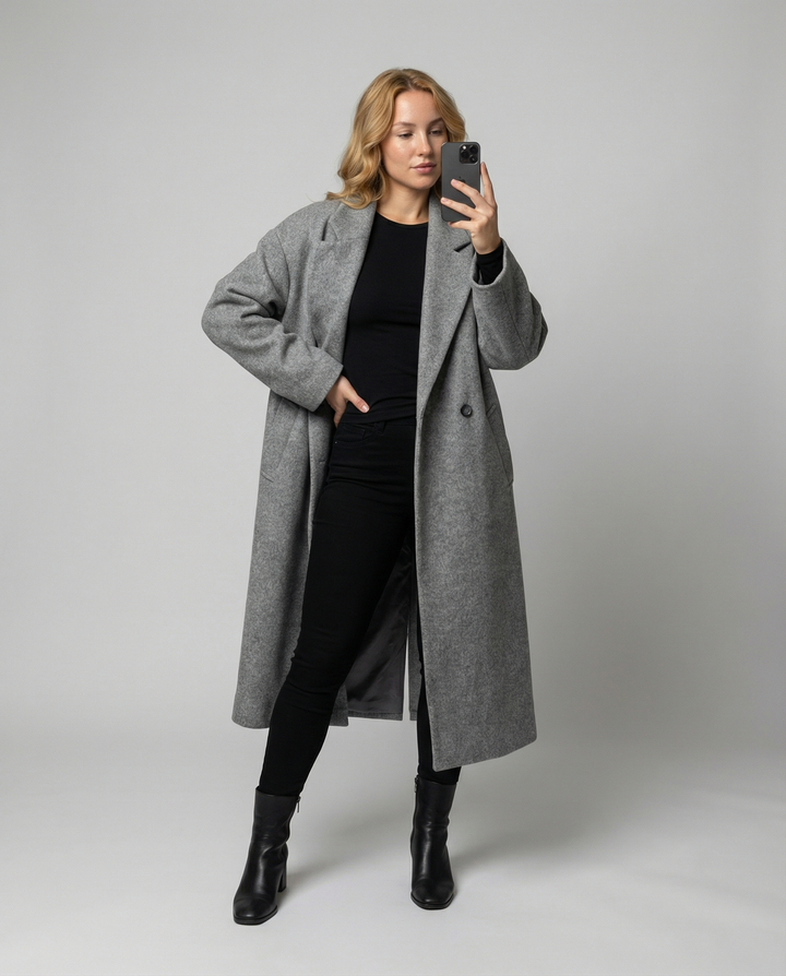 Women's Elegant Oversized Wool Coat with Pockets & Comfort