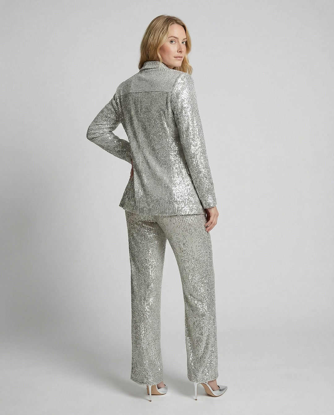 Women's Sparkling Blazer Suit with Wide Legs and Shimmering Sequins