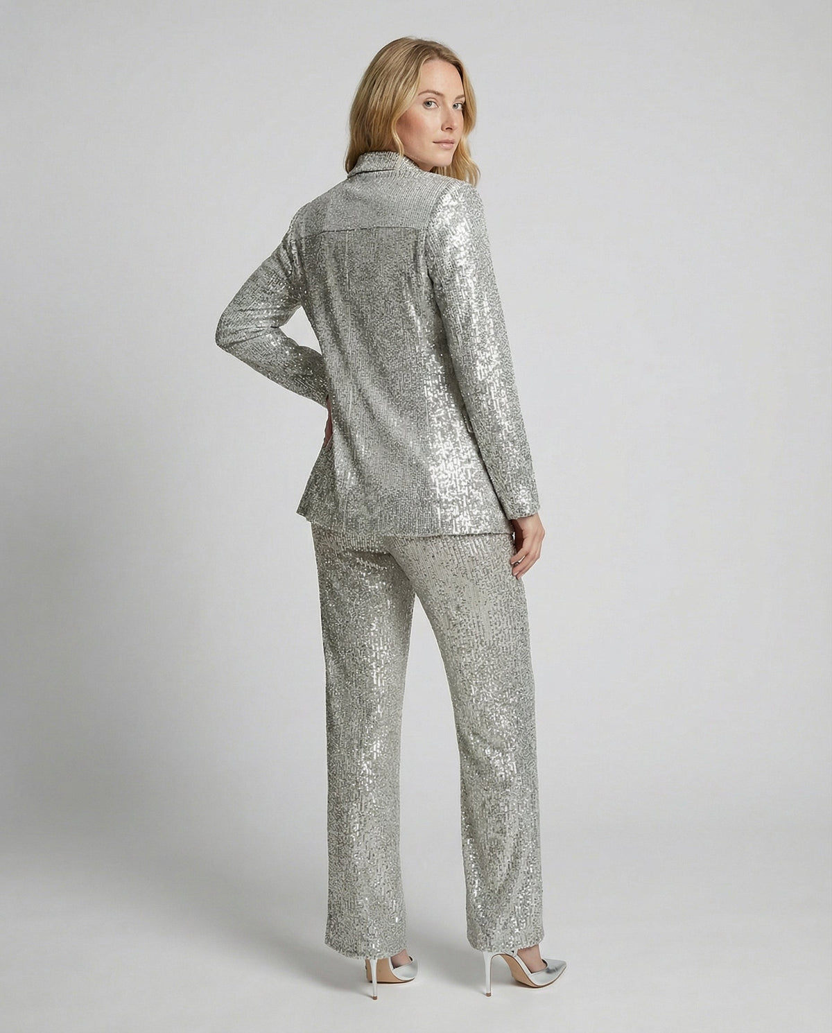 Women's Sparkling Blazer Suit with Wide Legs and Shimmering Sequins