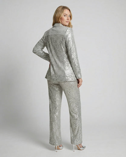 Women's Sparkling Blazer Suit with Wide Legs and Shimmering Sequins