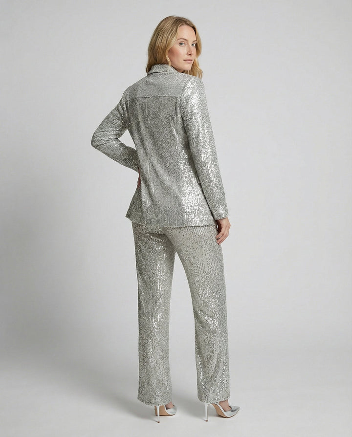 Women's Sparkling Blazer Suit with Wide Legs and Shimmering Sequins