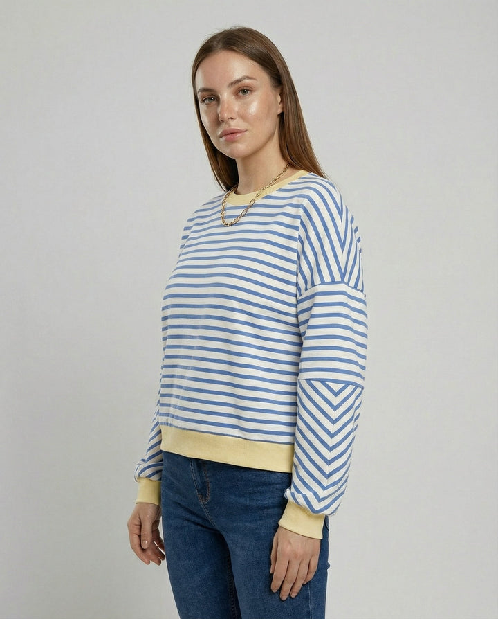 Women's Casual Striped Sweatshirt with Boxy Cut and Contrasting Trims