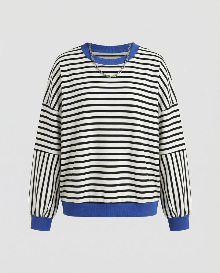 Women's Casual Striped Sweatshirt with Boxy Cut and Contrasting Trims