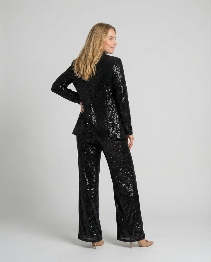 Women's Sparkling Blazer Suit with Wide Legs and Shimmering Sequins