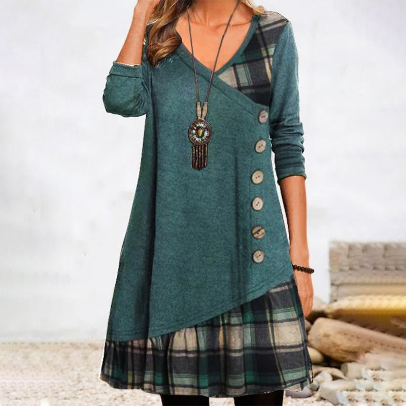 Long-Sleeve Checked Dress