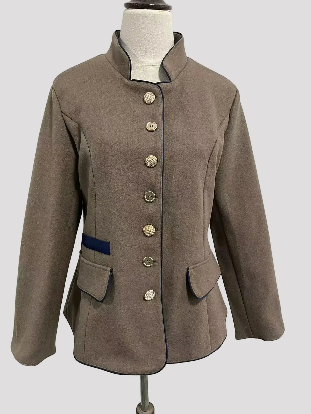 Women's Short Jacket with Multi-Button Placket and Color Accents