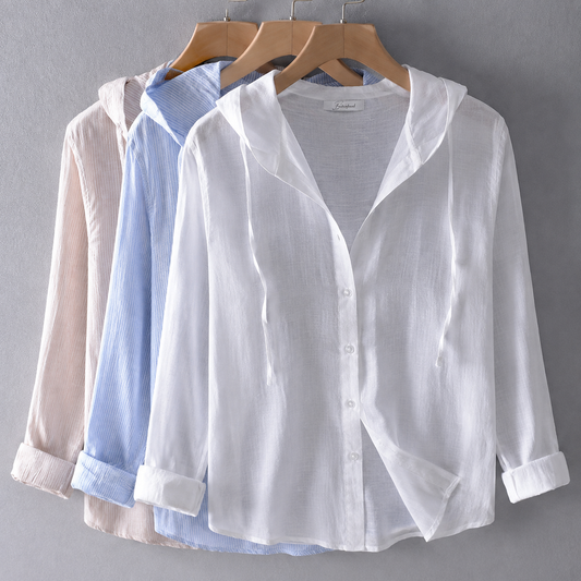 Women's Long-Sleeve Blouse with Hood and Button Placket