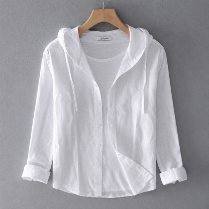 Women's Long-Sleeve Blouse with Hood and Button Placket