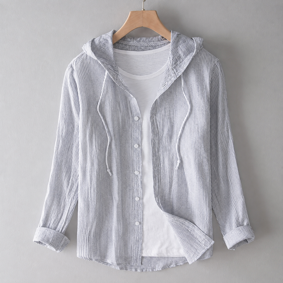 Women's Long-Sleeve Blouse with Hood and Button Placket