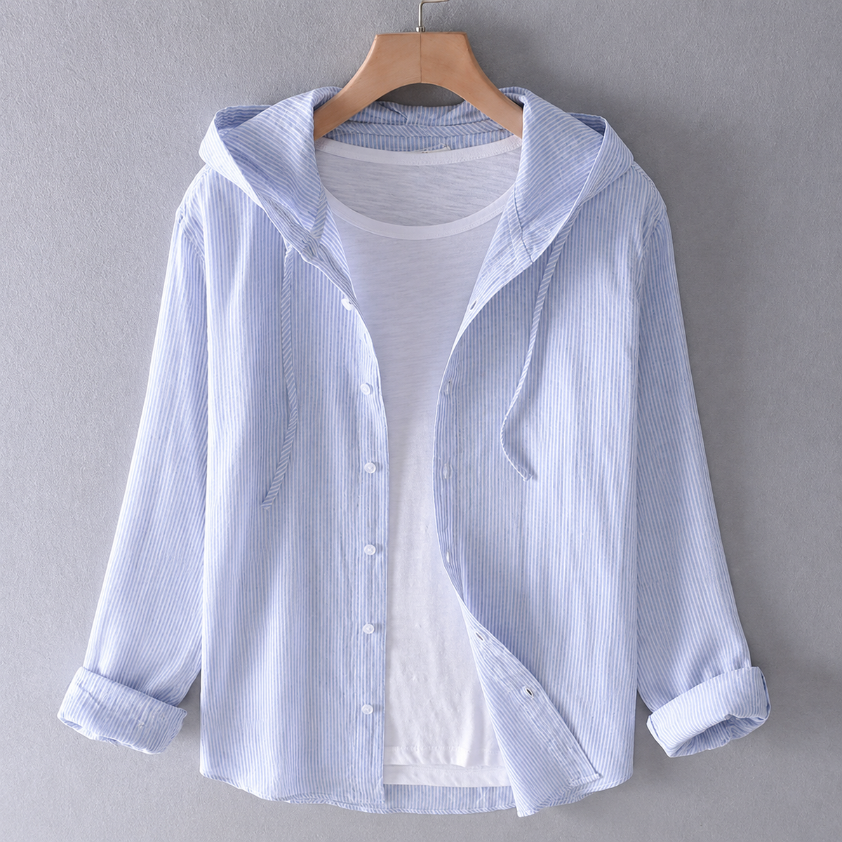 Women's Long-Sleeve Blouse with Hood and Button Placket