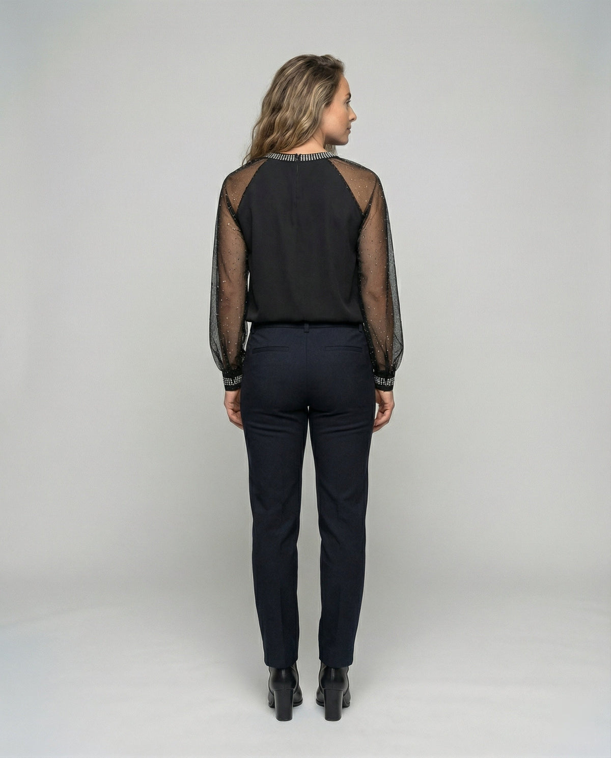 Women's Mesh Blouse with Rhinestone Trim and Sheer Sleeves