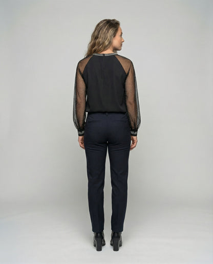 Women's Mesh Blouse with Rhinestone Trim and Sheer Sleeves