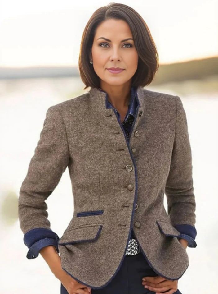 Women's Short Jacket with Multi-Button Placket and Color Accents