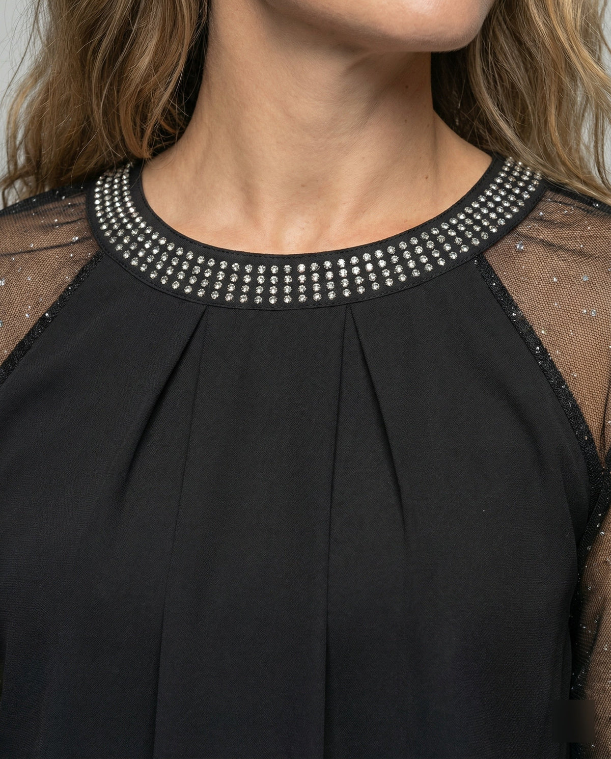 Women's Mesh Blouse with Rhinestone Trim and Sheer Sleeves