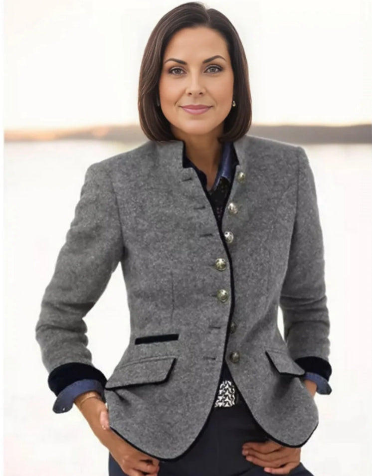 Women's Short Jacket with Multi-Button Placket and Color Accents