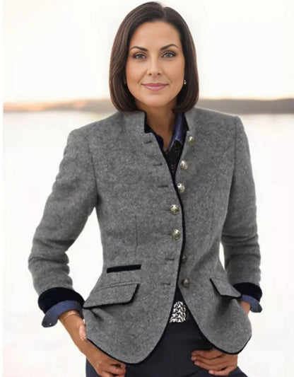 Women's Short Jacket with Multi-Button Placket and Color Accents