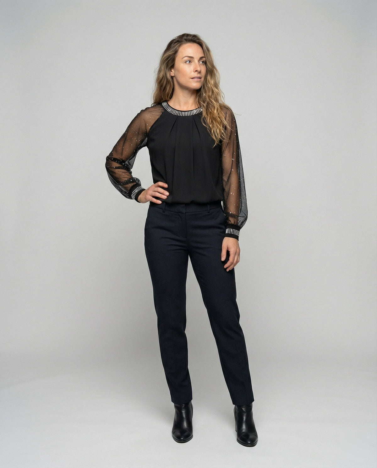 Women's Mesh Blouse with Rhinestone Trim and Sheer Sleeves